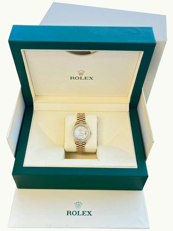 Rolex Lady-Datejust President Yellow Gold MOP Diamond Dial Bezel Watch 69178