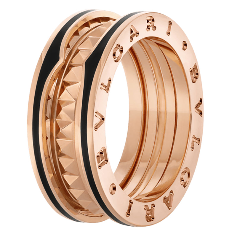Bulgari B.zero1 Rock Two-Band Studded Spiral Black Ceramic Ring 18K Rose Gold