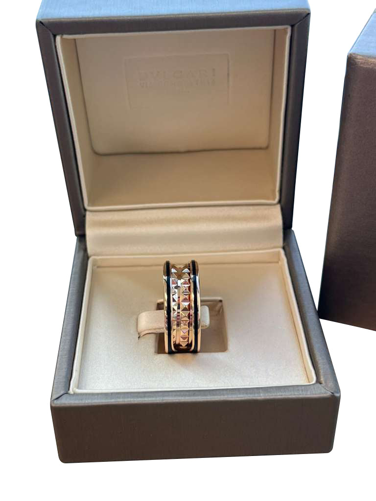 Bulgari B.zero1 Rock Two-Band Studded Spiral Black Ceramic Ring 18K Rose Gold