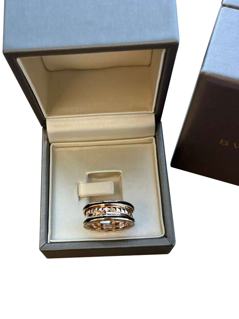 Bulgari B.zero1 Rock Two-Band Studded Spiral Black Ceramic Ring 18K Rose Gold