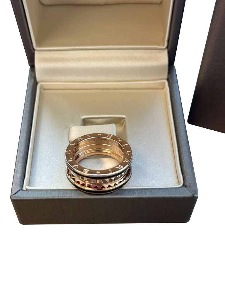 Bulgari B.zero1 Rock Two-Band Studded Spiral Black Ceramic Ring 18K Rose Gold
