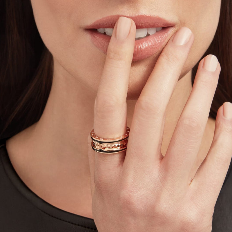 Bulgari B.zero1 Rock Two-Band Studded Spiral Black Ceramic Ring 18K Rose Gold