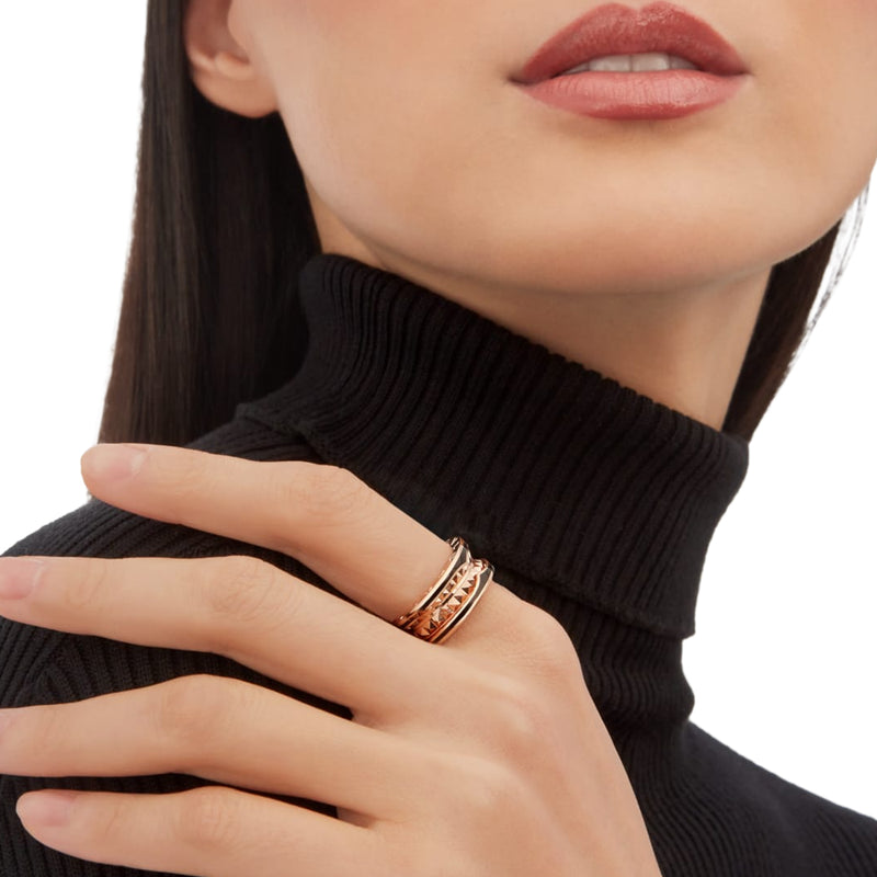 Bulgari B.zero1 Rock Two-Band Studded Spiral Black Ceramic Ring 18K Rose Gold