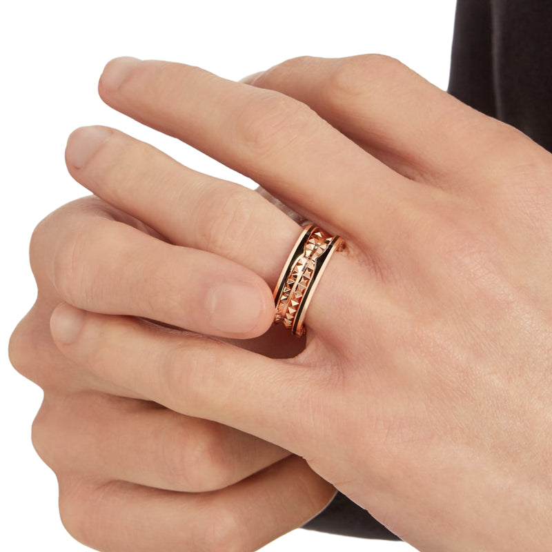 Bulgari B.zero1 Rock Two-Band Studded Spiral Black Ceramic Ring 18K Rose Gold