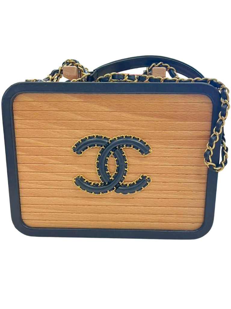 Chanel Vanity Case Chip-On Wood Leather Box with Chain Strap AS2927