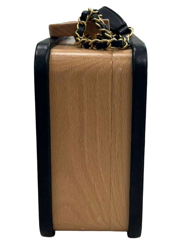 Chanel Vanity Case Chip-On Wood Leather Box with Chain Strap AS2927