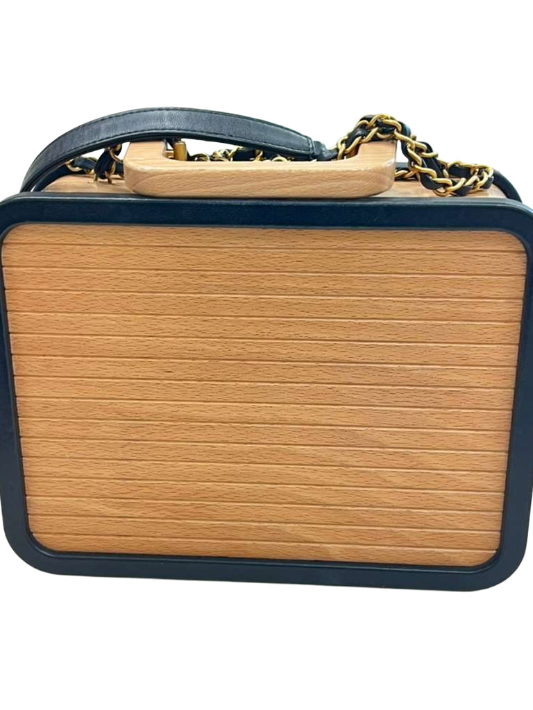 Chanel Vanity Case Chip-On Wood Leather Box with Chain Strap AS2927