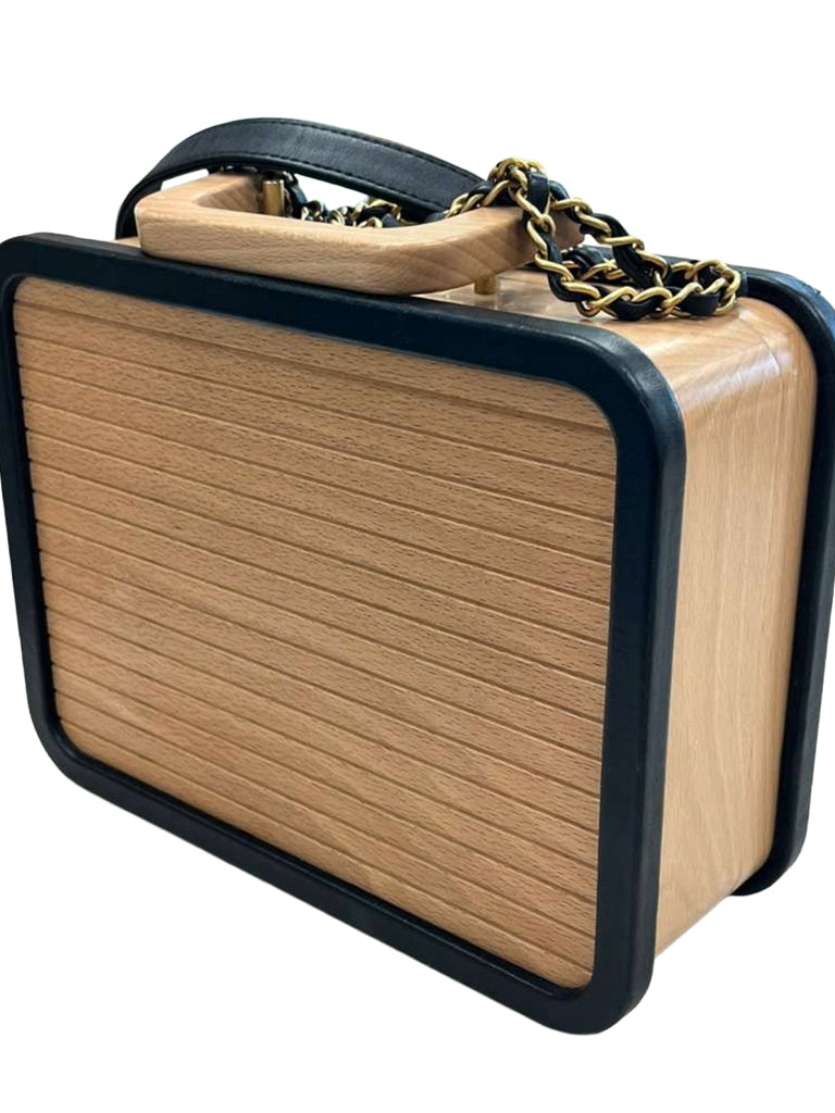 Chanel Vanity Case Chip-On Wood Leather Box with Chain Strap AS2927