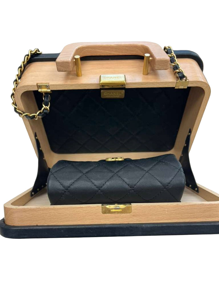 Chanel Vanity Case Chip-On Wood Leather Box with Chain Strap AS2927