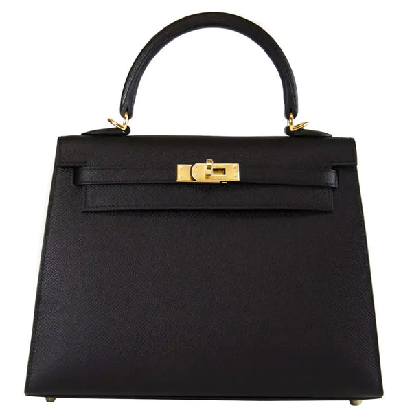 Hermes Kelly 25 Black Epsom Leather Gold Hardware Crossbody Handbag