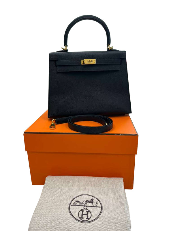 Hermes Kelly 25 Black Epsom Leather Gold Hardware Crossbody Handbag