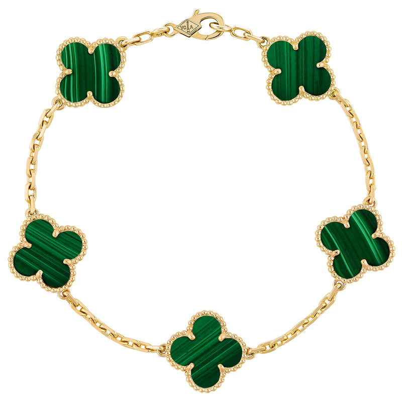 Van Cleef & Arpels Vintage Alhambra Bracelet Malachite 5 Motifs 18K Yellow Gold