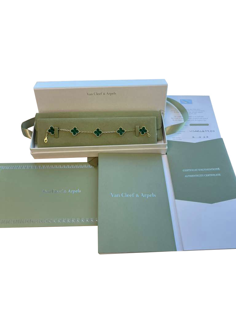 Van Cleef & Arpels Vintage Alhambra Bracelet Malachite 5 Motifs 18K Yellow Gold
