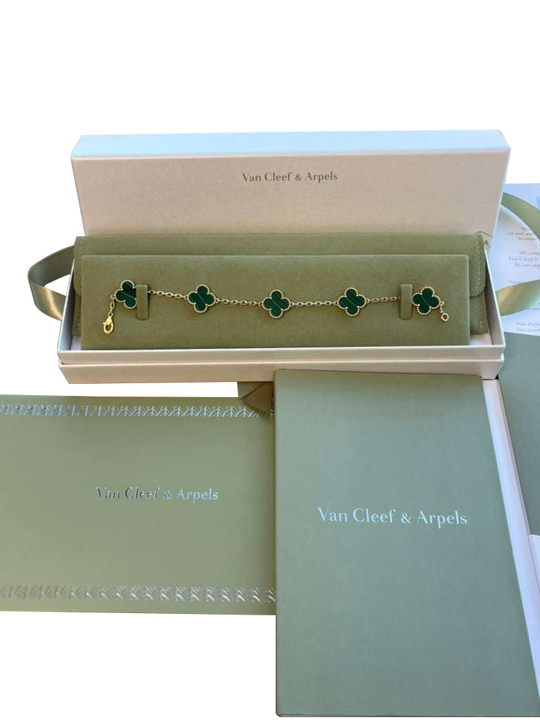 Van Cleef & Arpels Vintage Alhambra Bracelet Malachite 5 Motifs 18K Yellow Gold