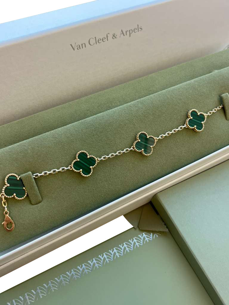 Van Cleef & Arpels Vintage Alhambra Bracelet Malachite 5 Motifs 18K Yellow Gold