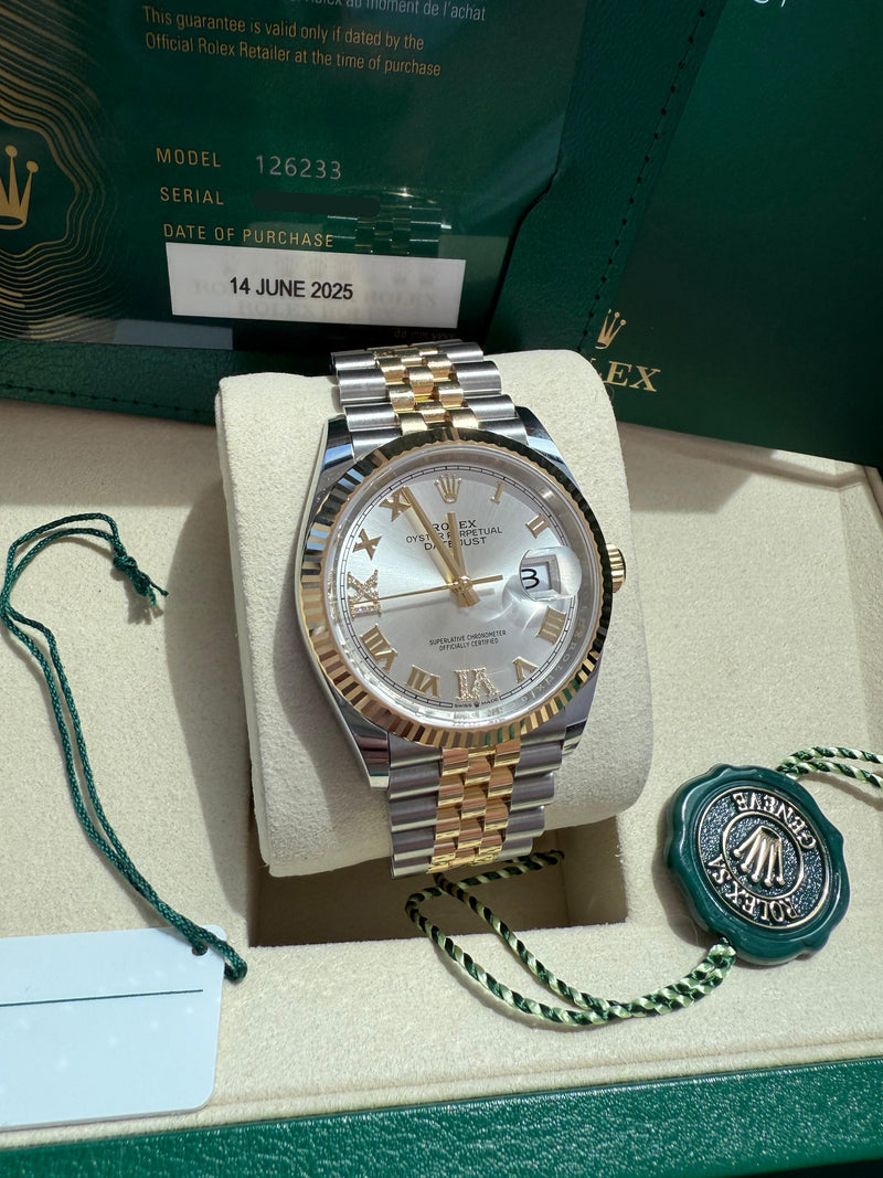 Rolex Datejust 36 Silver Roman 6-9 Diamond Dial Gold Steel Jubilee Watch 126233