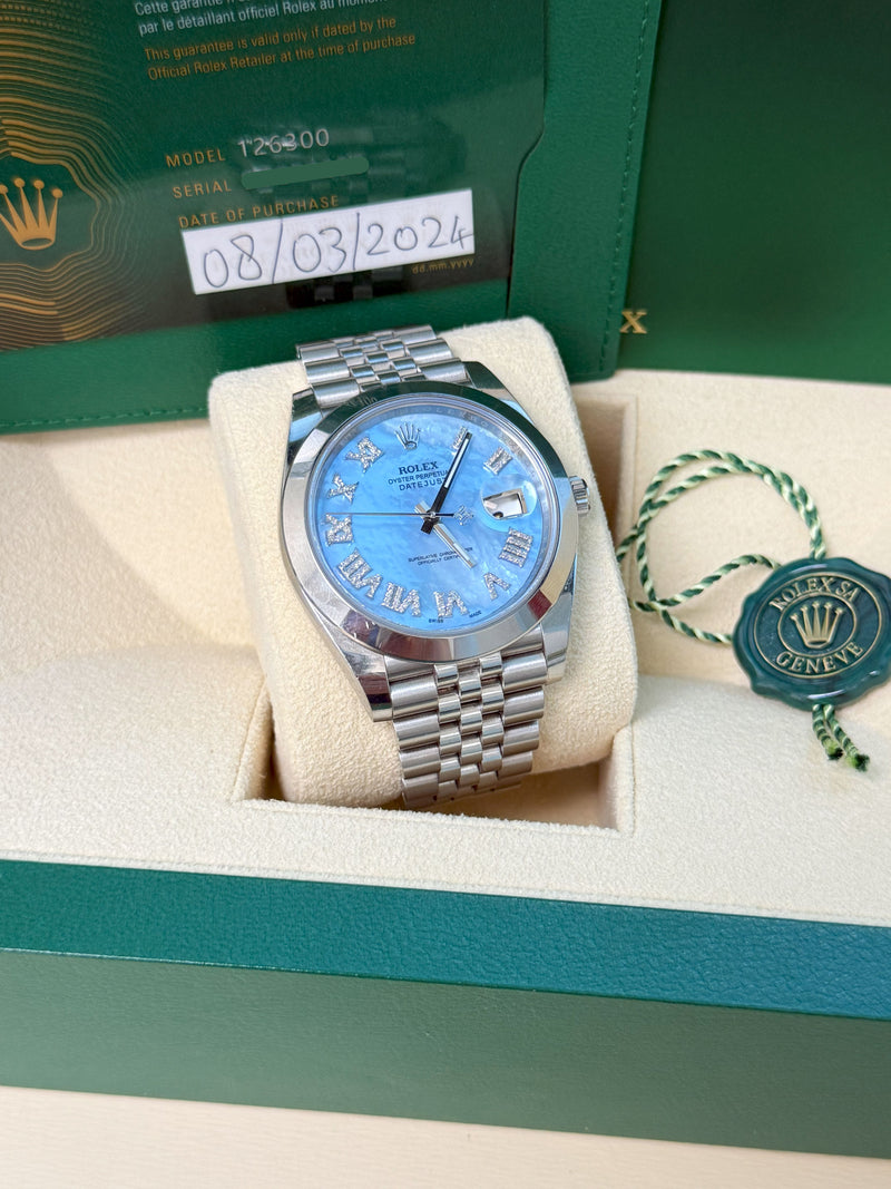 Rolex Datejust 41mm MOP Roman Diamond Dial Smooth Bezel Steel Mens Watch 126300