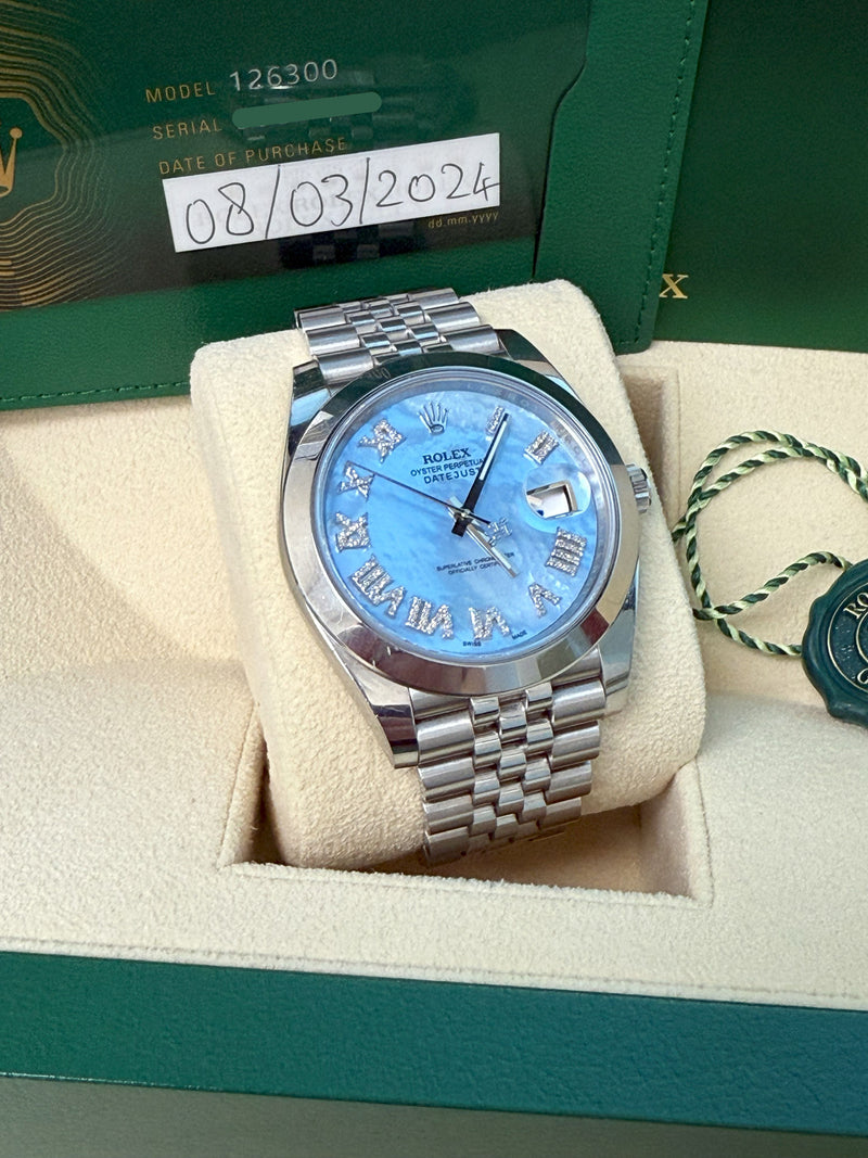 Rolex Datejust 41mm MOP Roman Diamond Dial Smooth Bezel Steel Mens Watch 126300