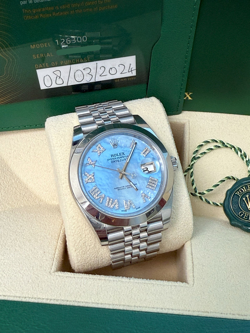 Rolex Datejust 41mm MOP Roman Diamond Dial Smooth Bezel Steel Mens Watch 126300