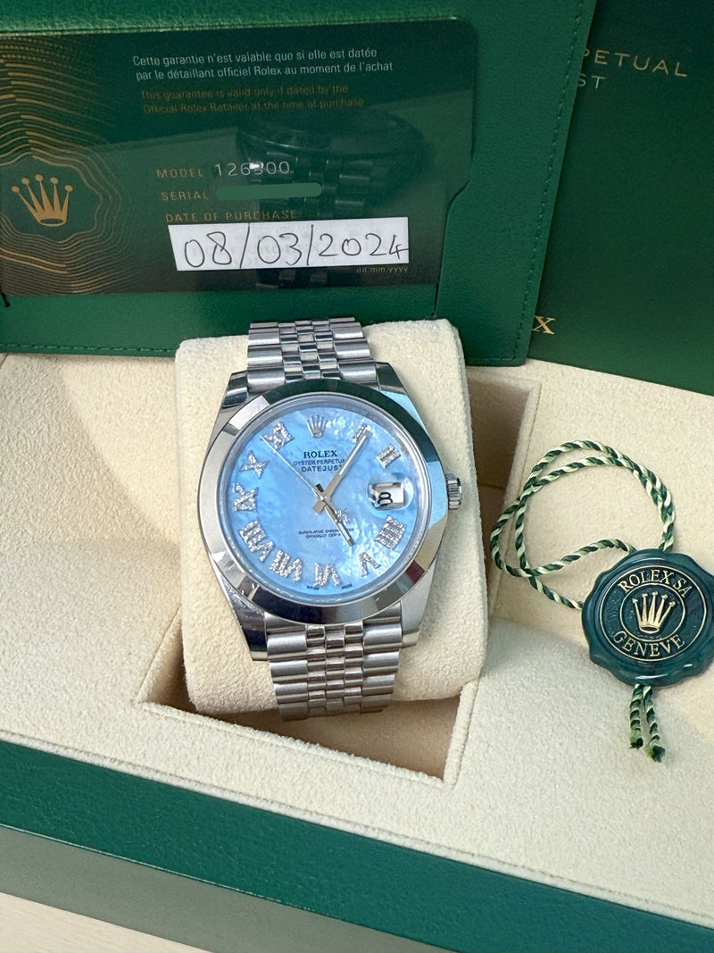 Rolex Datejust 41mm MOP Roman Diamond Dial Smooth Bezel Steel Mens Watch 126300