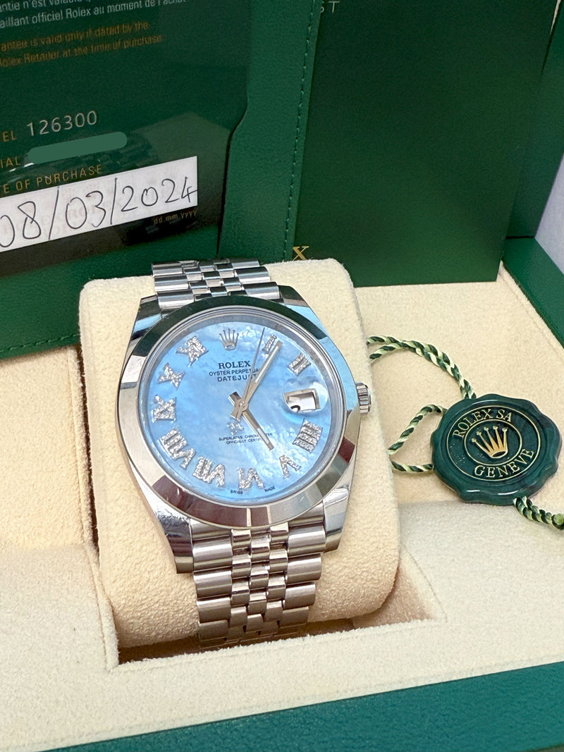 Rolex Datejust 41mm MOP Roman Diamond Dial Smooth Bezel Steel Mens Watch 126300