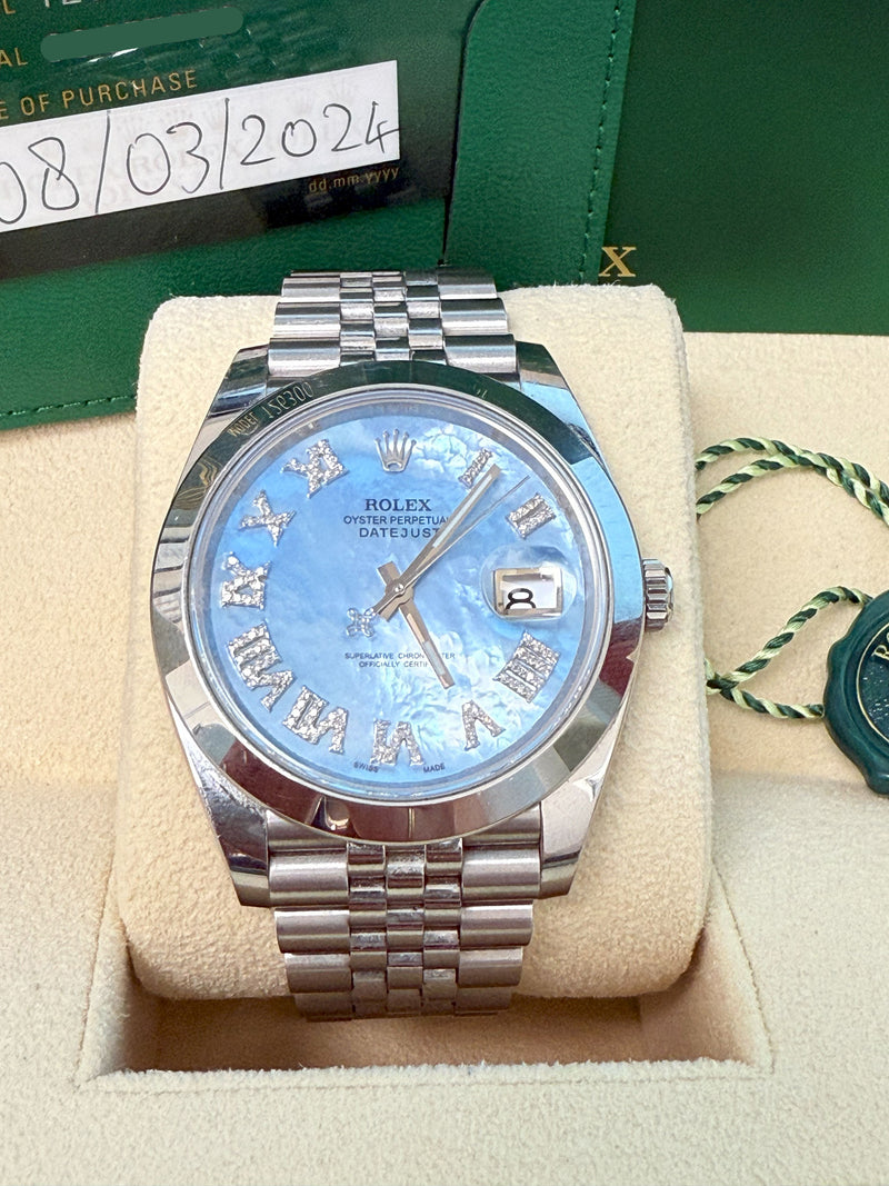 Rolex Datejust 41mm MOP Roman Diamond Dial Smooth Bezel Steel Mens Watch 126300