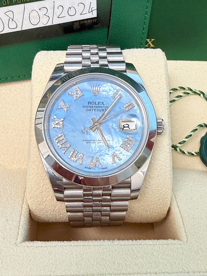 Rolex Datejust 41mm MOP Roman Diamond Dial Smooth Bezel Steel Mens Watch 126300