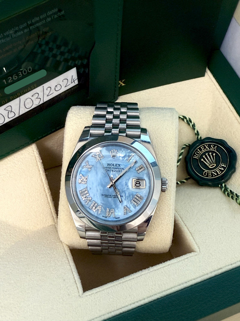Rolex Datejust 41mm MOP Roman Diamond Dial Smooth Bezel Steel Mens Watch 126300