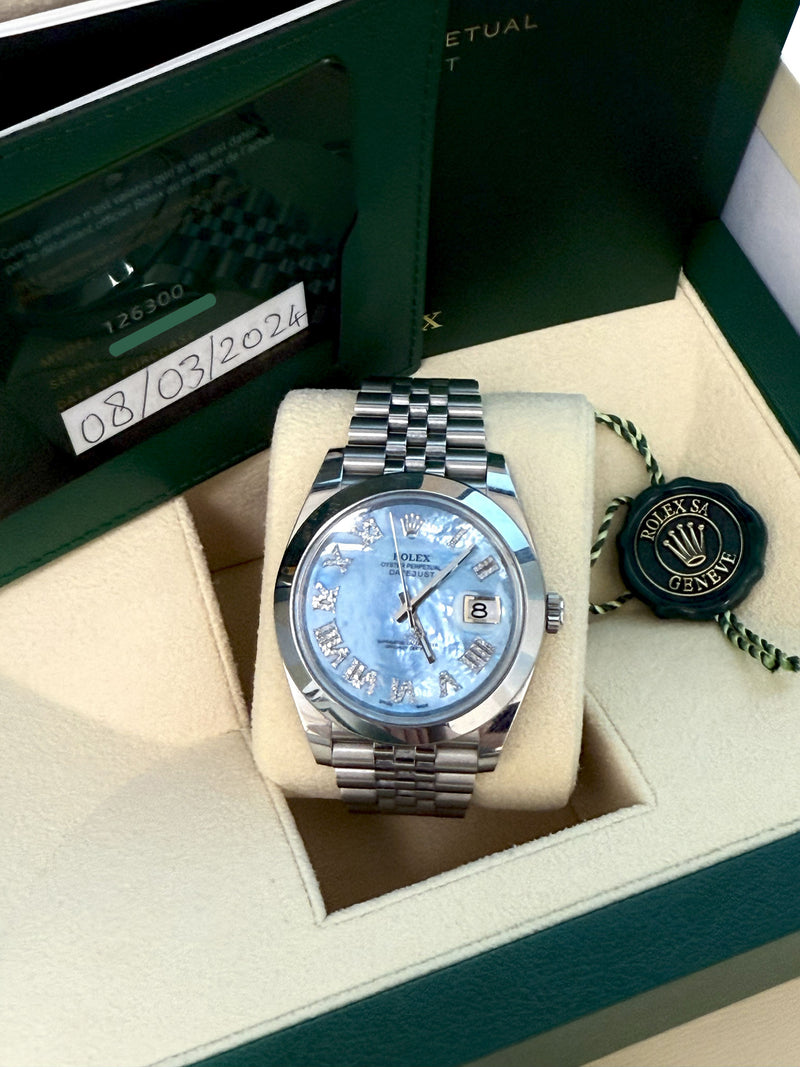 Rolex Datejust 41mm MOP Roman Diamond Dial Smooth Bezel Steel Mens Watch 126300