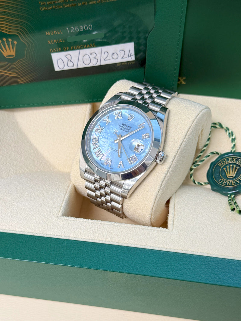 Rolex Datejust 41mm MOP Roman Diamond Dial Smooth Bezel Steel Mens Watch 126300