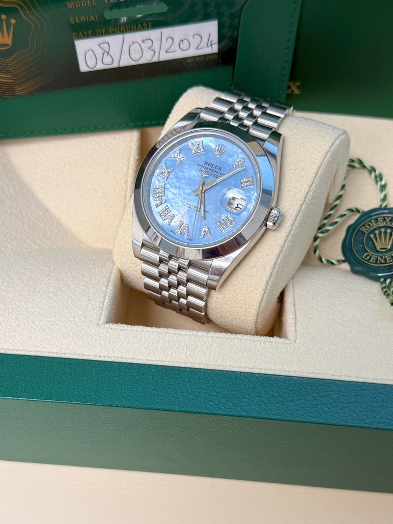 Rolex Datejust 41mm MOP Roman Diamond Dial Smooth Bezel Steel Mens Watch 126300
