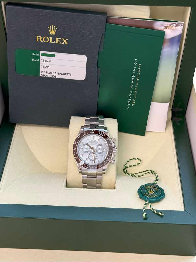 Rolex Daytona 40mm Glacier Ice Blue Diamond Baguette Dial Platinum Watch 116506