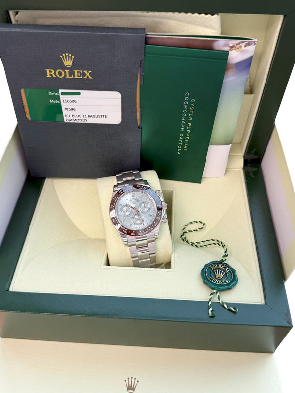 Rolex Daytona 40mm Glacier Ice Blue Diamond Baguette Dial Platinum Watch 116506
