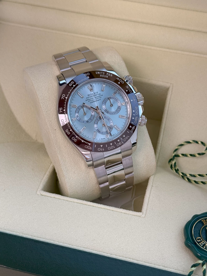 Rolex Daytona 40mm Glacier Ice Blue Diamond Baguette Dial Platinum Watch 116506