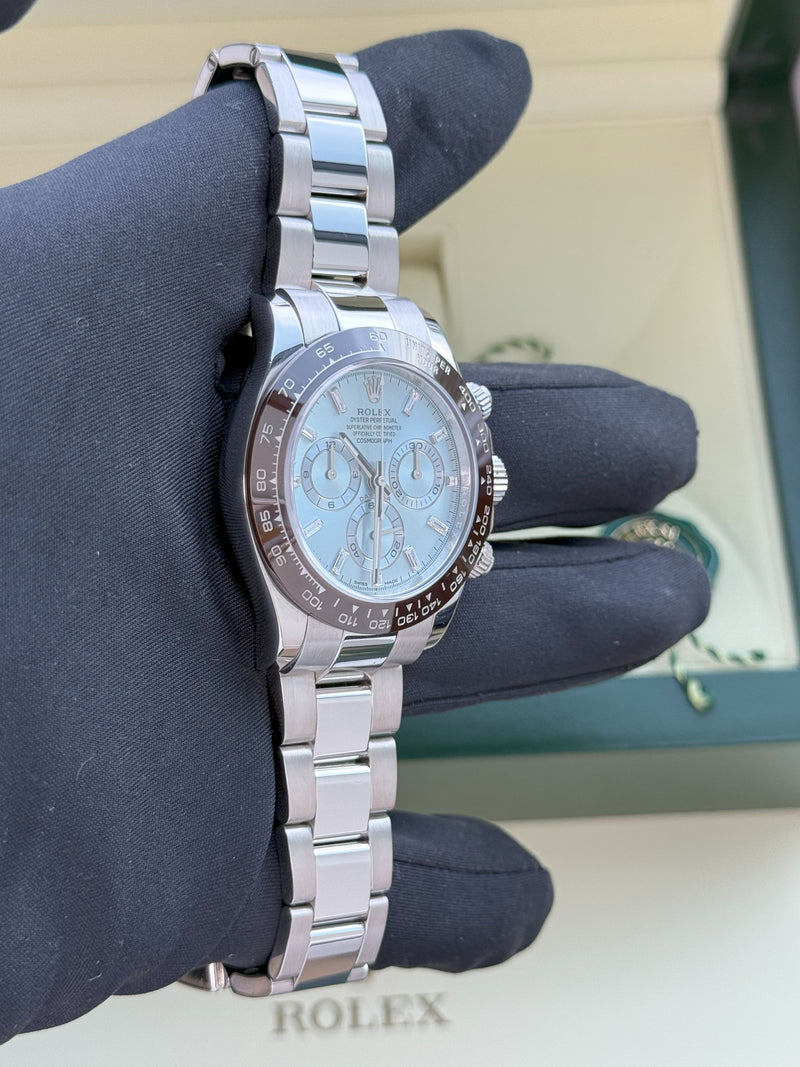 Rolex Daytona 40mm Glacier Ice Blue Diamond Baguette Dial Platinum Watch 116506