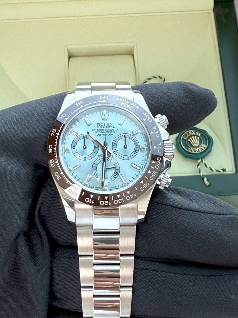 Rolex Daytona 40mm Glacier Ice Blue Diamond Baguette Dial Platinum Watch 116506