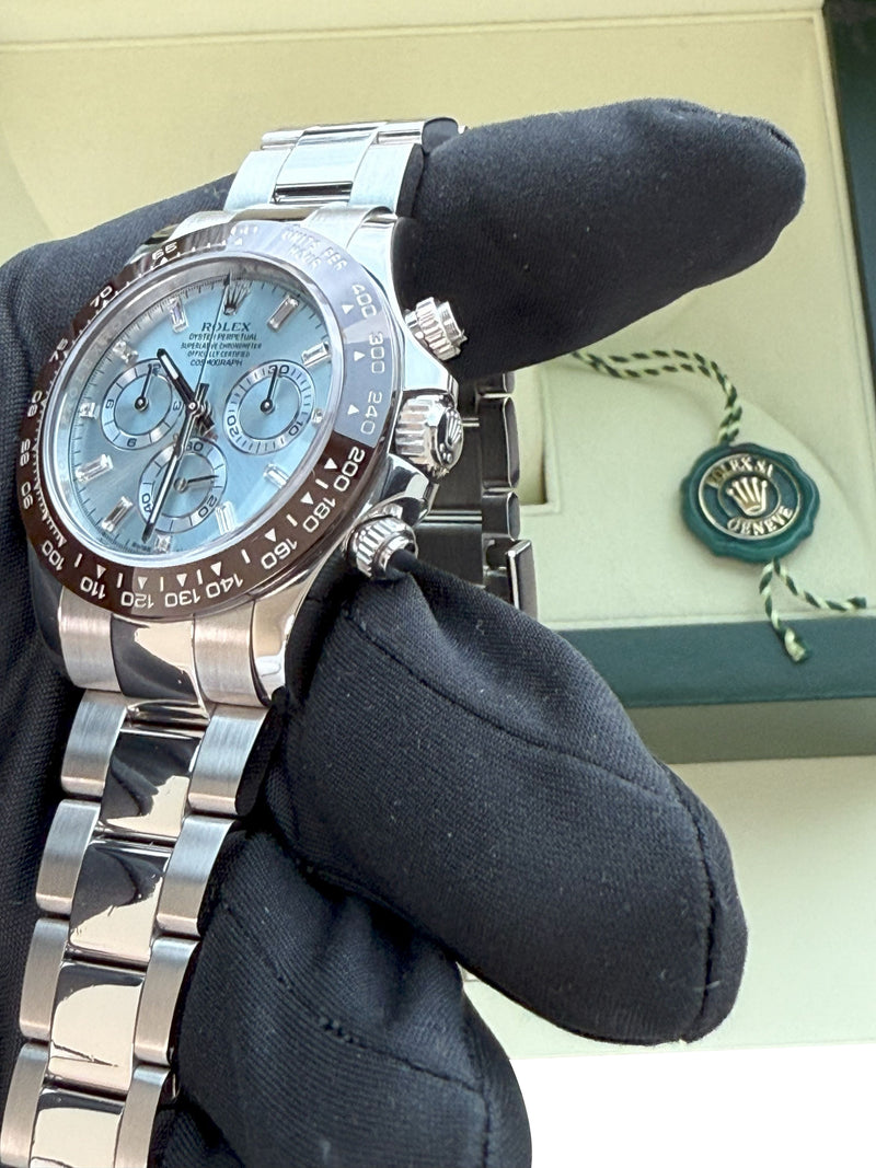 Rolex Daytona 40mm Glacier Ice Blue Diamond Baguette Dial Platinum Watch 116506