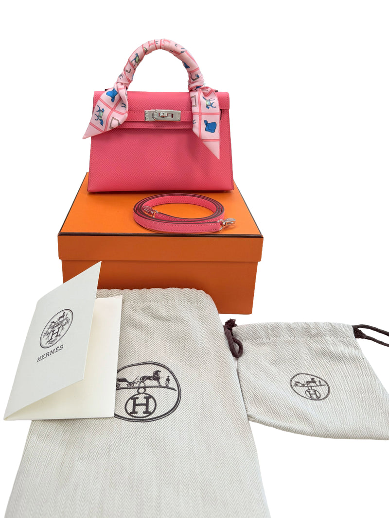 Hermes Mini Kelly Rose Azalee Epsom Leather with Palladium Hardware Handbag