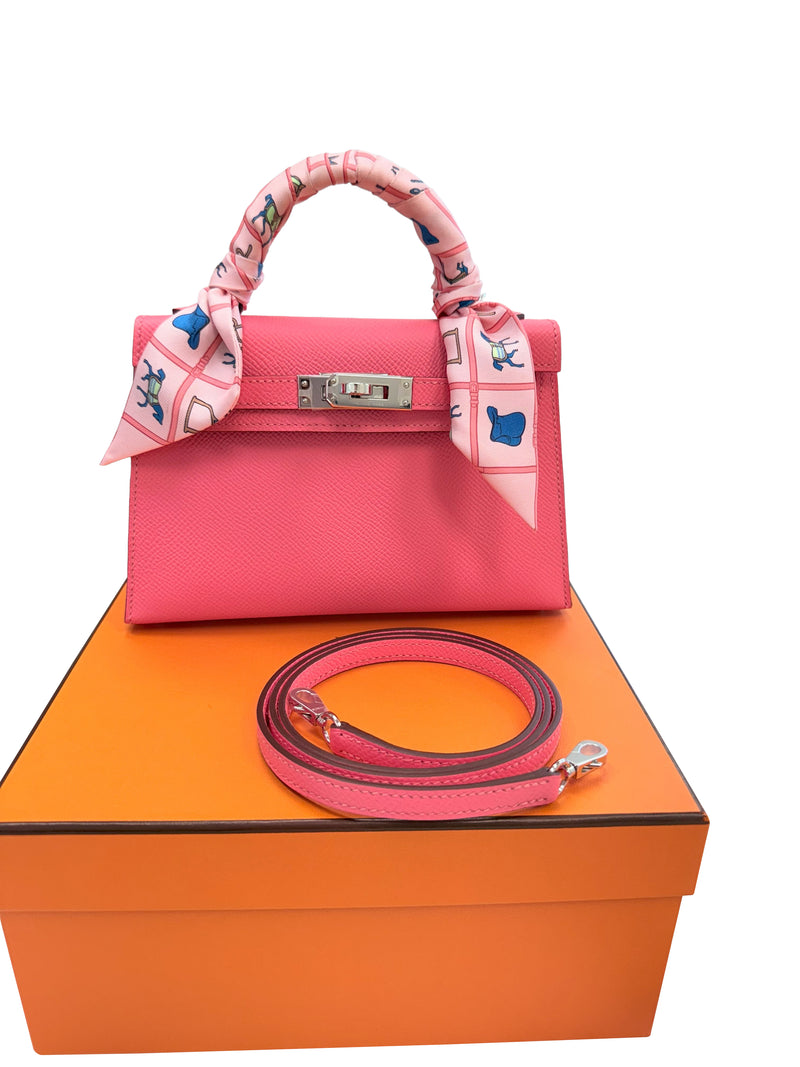 Hermes Mini Kelly Rose Azalee Epsom Leather with Palladium Hardware Handbag
