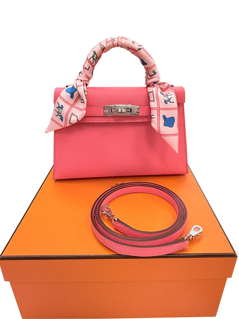Hermes Mini Kelly Rose Azalee Epsom Leather with Palladium Hardware Handbag