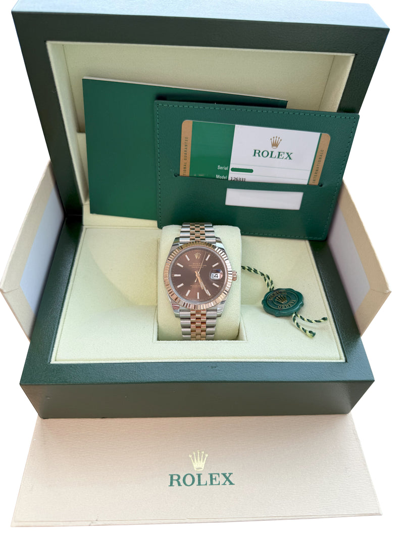 Rolex Datejust 41mm Two-Tone Rose Gold Steel Fluted Chocolate Dial Watch 126331