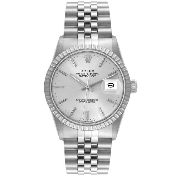 Rolex Datejust 36mm Silver Dial Vintage Steel Engine Turned Bezel Watch 16030