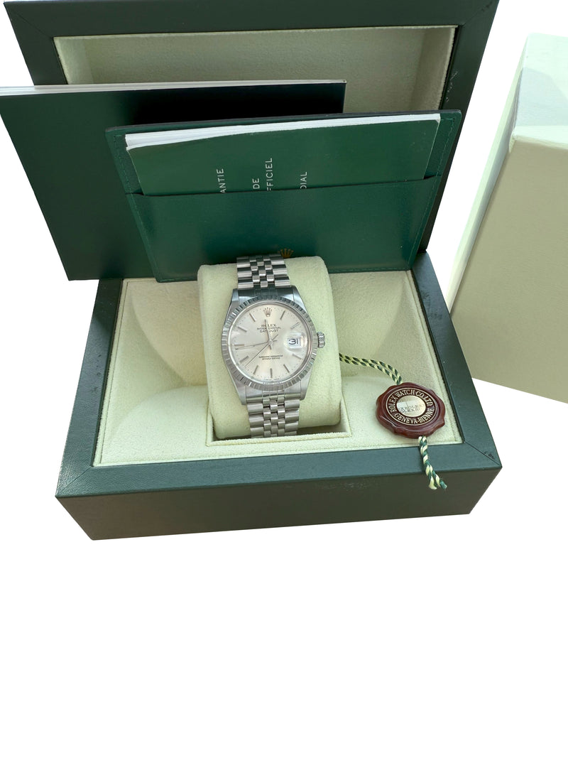 Rolex Datejust 36mm Silver Dial Vintage Steel Engine Turned Bezel Watch 16030