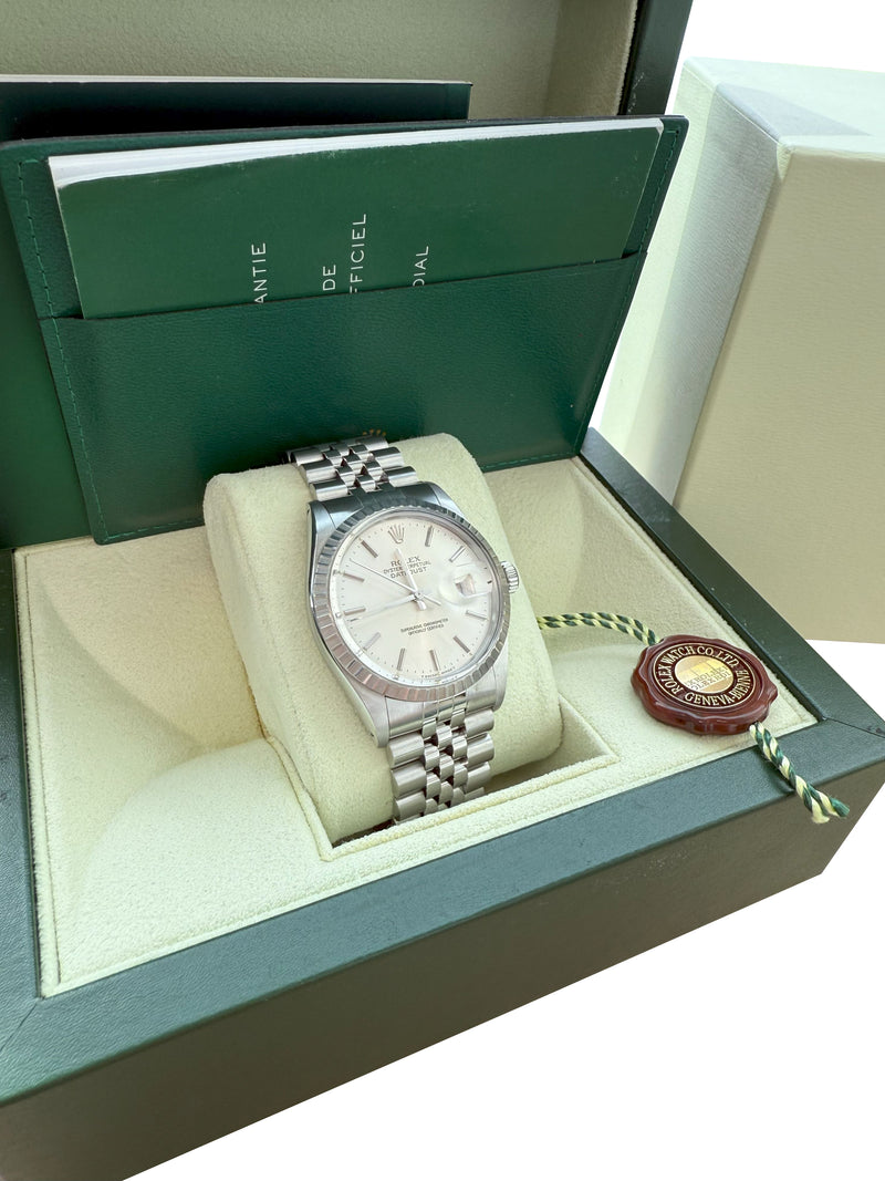 Rolex Datejust 36mm Silver Dial Vintage Steel Engine Turned Bezel Watch 16030