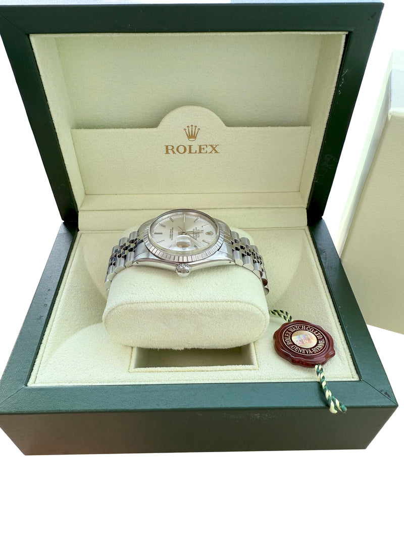 Rolex Datejust 36mm Silver Dial Vintage Steel Engine Turned Bezel Watch 16030