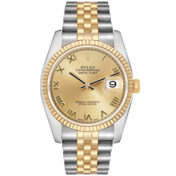 Rolex Datejust 36mm Steel Yellow Gold Champagne Roman Dial Mens Watch 116233
