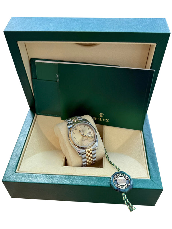 Rolex Datejust 36mm Steel Yellow Gold Champagne Roman Dial Mens Watch 116233