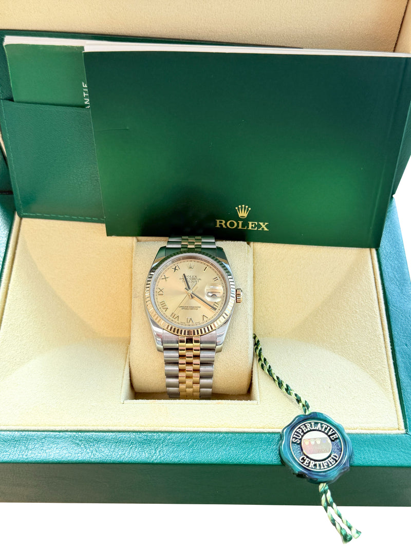Rolex Datejust 36mm Steel Yellow Gold Champagne Roman Dial Mens Watch 116233