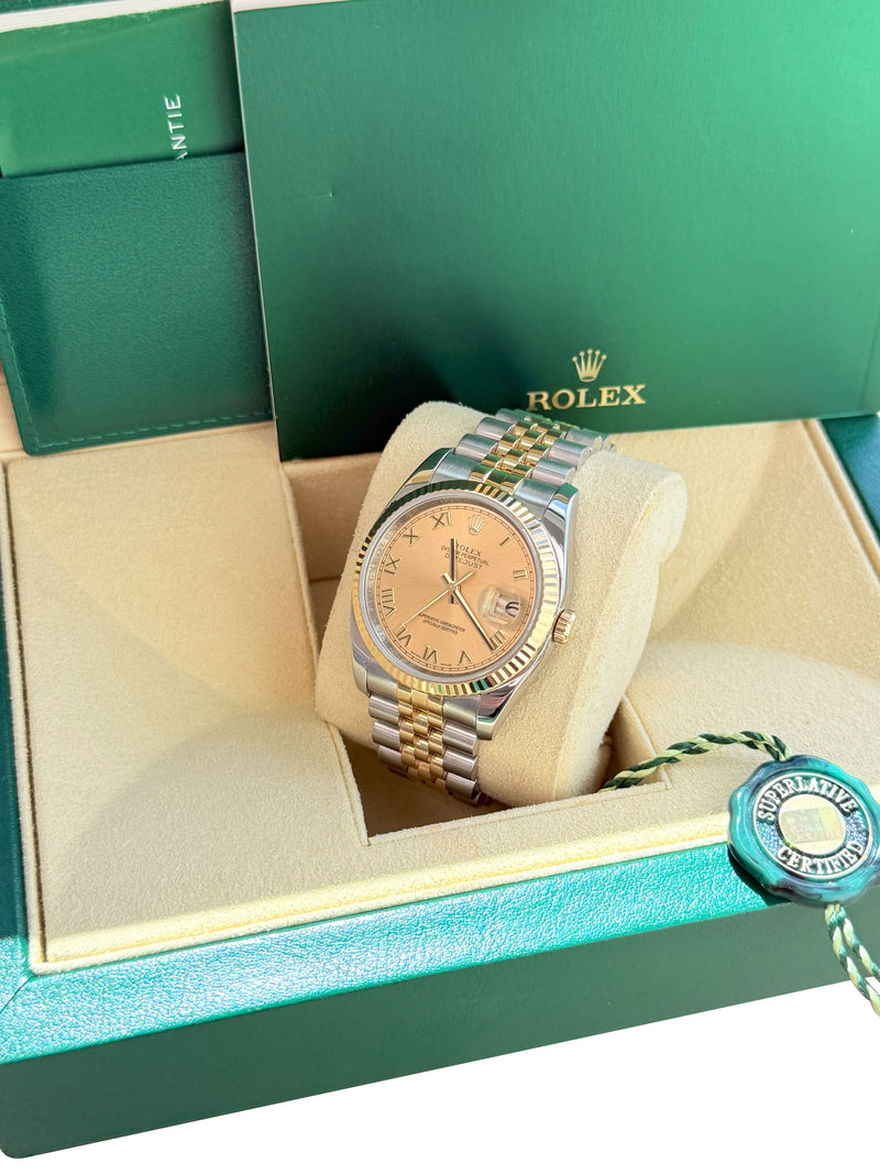 Rolex Datejust 36mm Steel Yellow Gold Champagne Roman Dial Mens Watch 116233