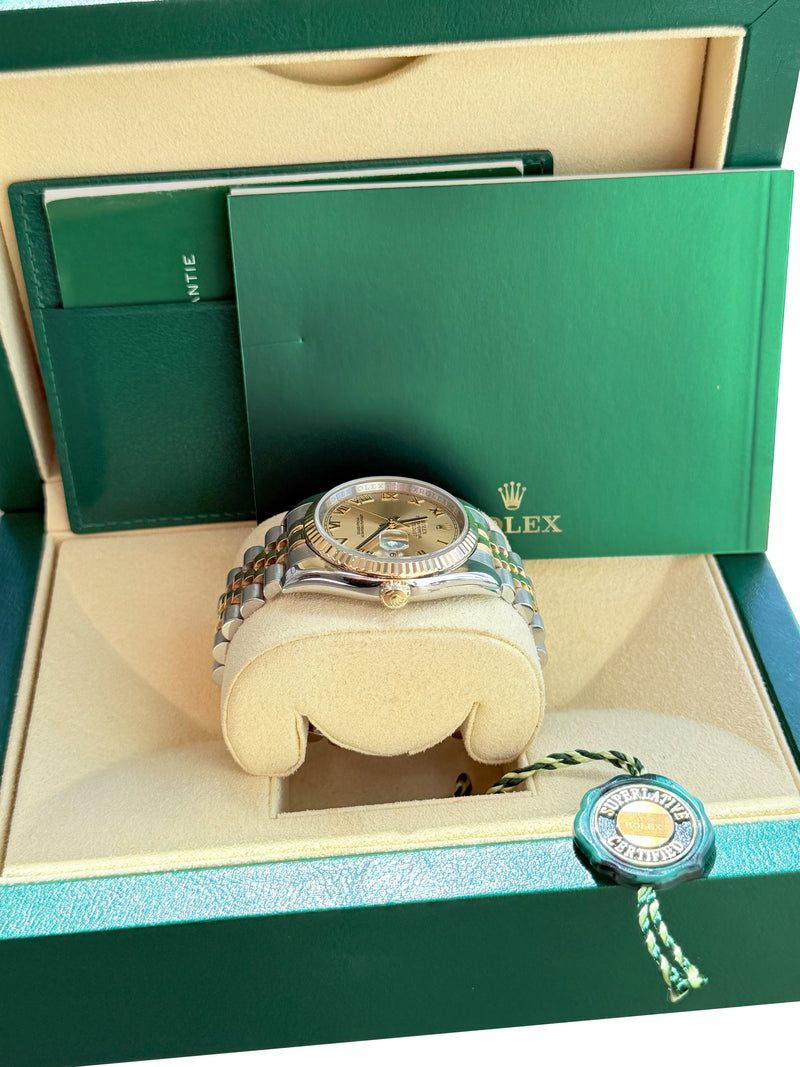 Rolex Datejust 36mm Steel Yellow Gold Champagne Roman Dial Mens Watch 116233